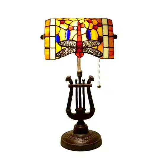 Tiffany Orange Dragonfly Lampshade Stained Glass Bankers Lamp with Pull Chain - CTL