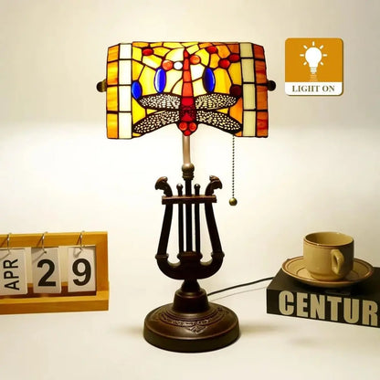 Tiffany Orange Dragonfly Lampshade Stained Glass Bankers Lamp with Pull Chain - CTL