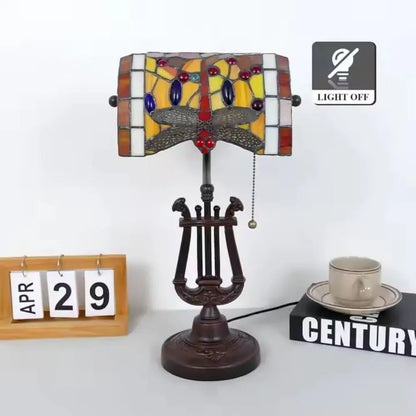 Tiffany Orange Dragonfly Lampshade Stained Glass Bankers Lamp with Pull Chain - CTL