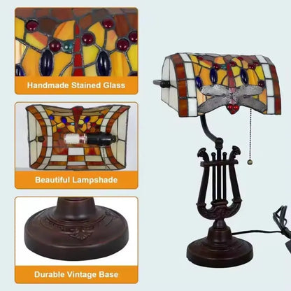 Tiffany Orange Dragonfly Lampshade Stained Glass Bankers Lamp with Pull Chain - CTL