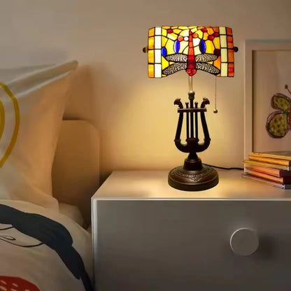 Tiffany Orange Dragonfly Lampshade Stained Glass Bankers Lamp with Pull Chain - CTL
