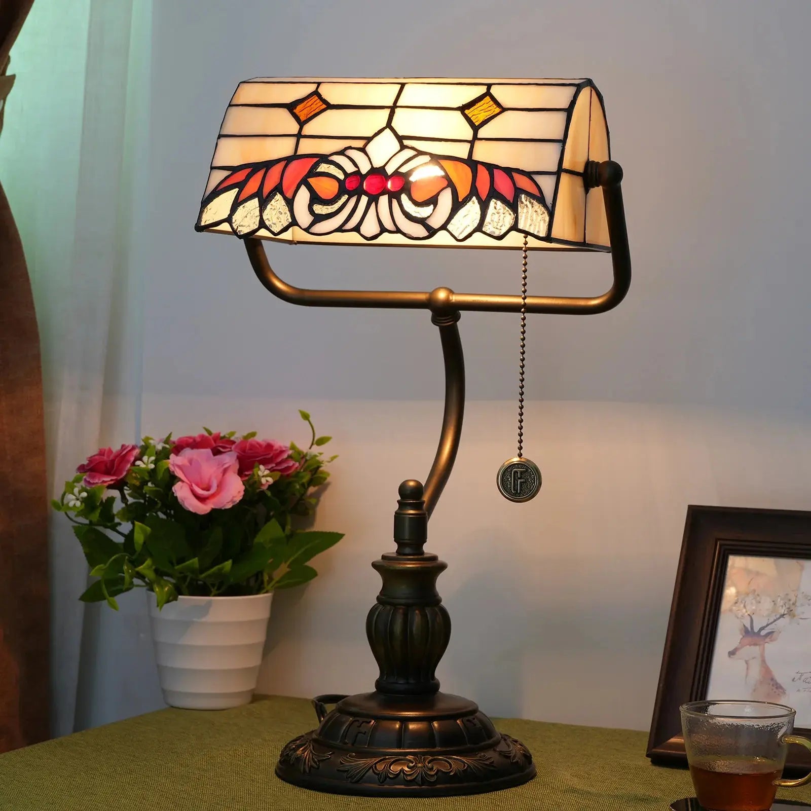 Tiffany Stained Glass Angel Wings Lampshade Antique Bankers Lamp - CTL
