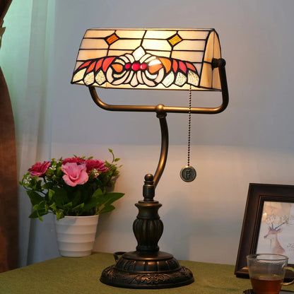 Tiffany Stained Glass Angel Wings Lampshade Antique Bankers Lamp - CTL