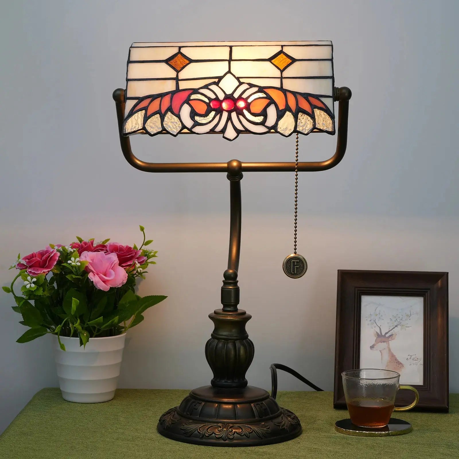 Tiffany Stained Glass Angel Wings Lampshade Antique Bankers Lamp - CTL