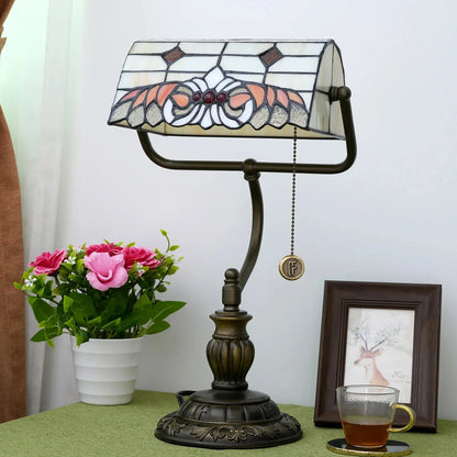 Tiffany Stained Glass Angel Wings Lampshade Antique Bankers Lamp - CTL