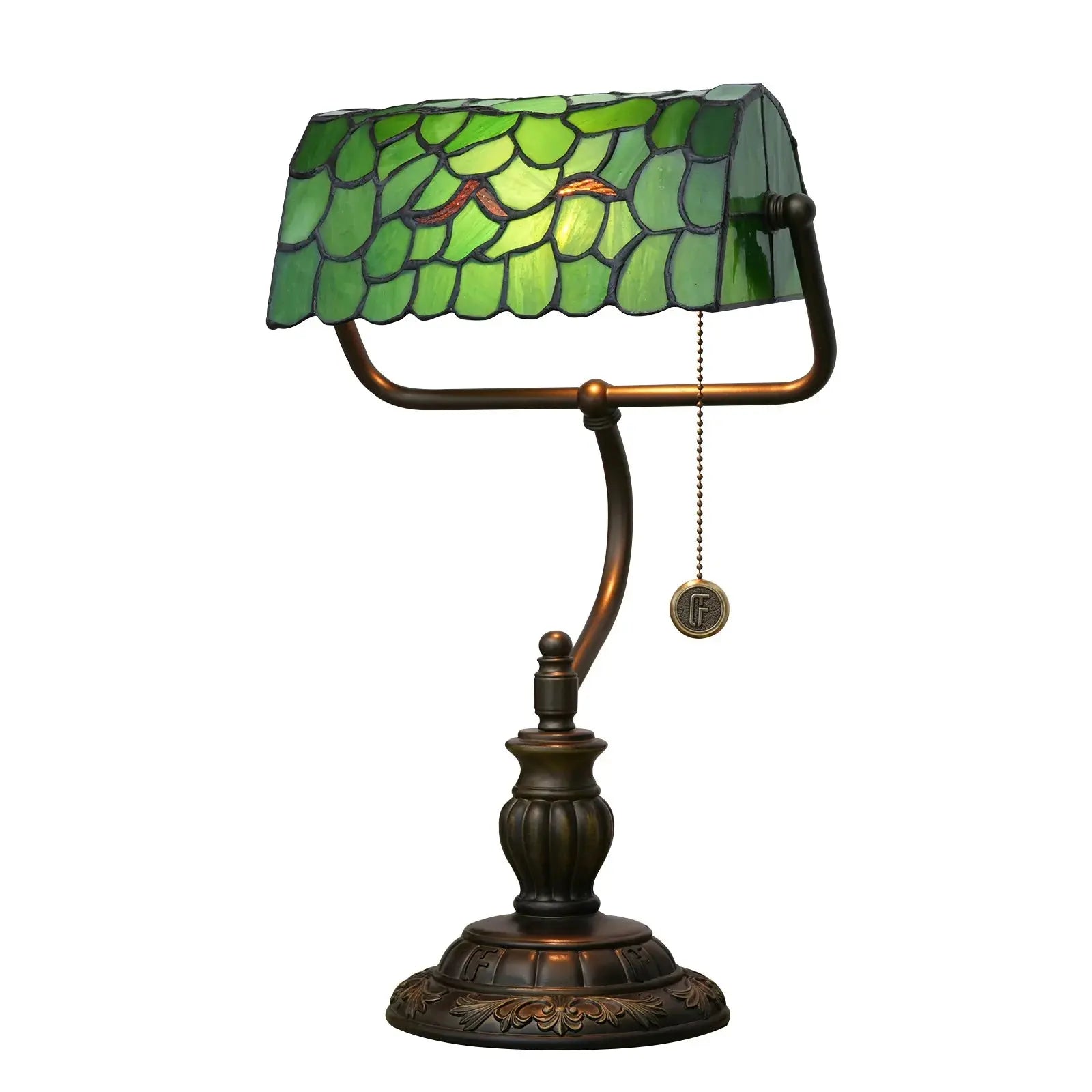 Tiffany Stained Glass Leaves Lampshade Bank Lamp Green Table Light - CTL