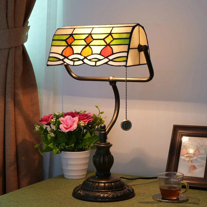 Tiffany Stained Glass Moire Red Dot Lampshade Vintage Bankers Desk Lamp - CTL