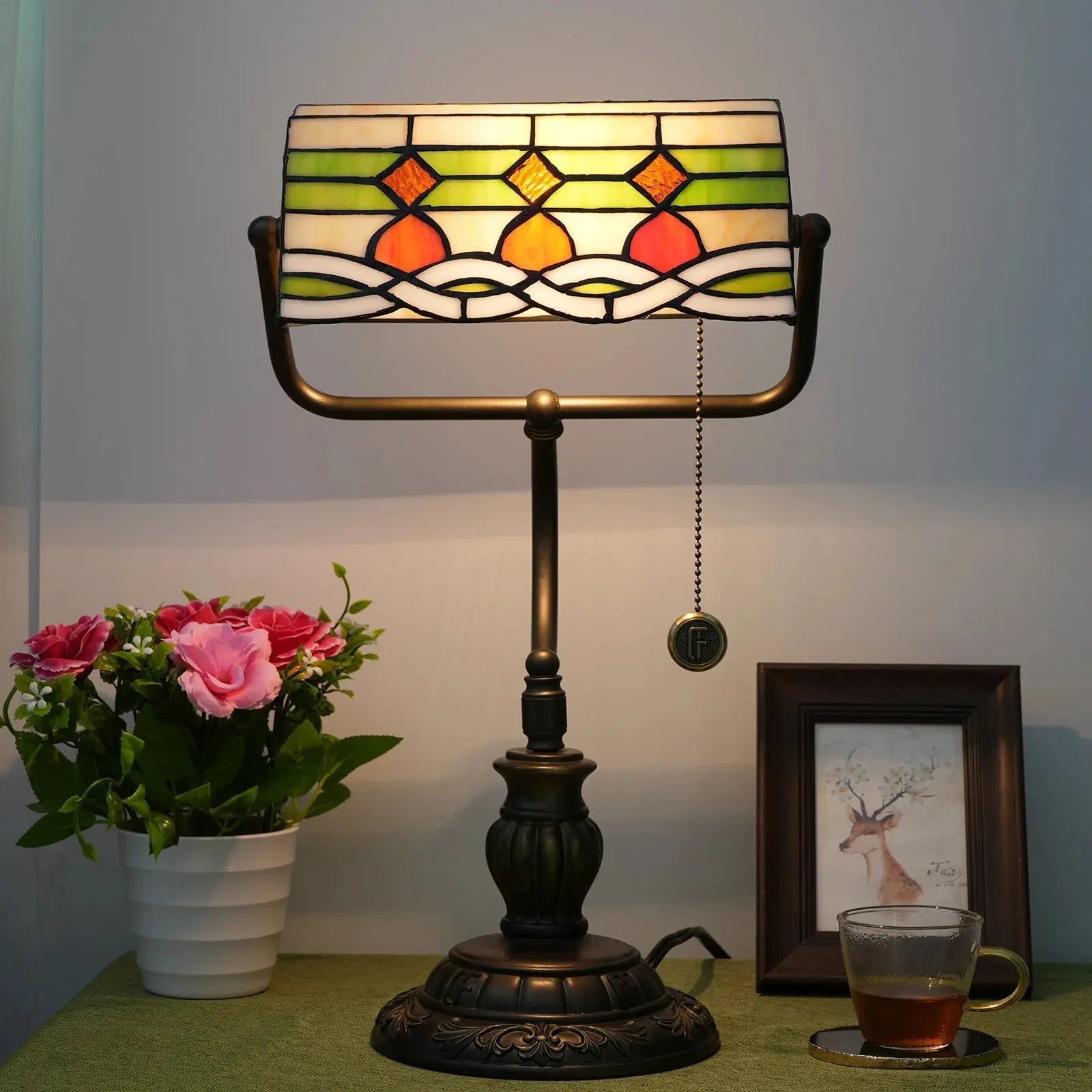 Tiffany Stained Glass Moire Red Dot Lampshade Vintage Bankers Desk Lamp - CTL