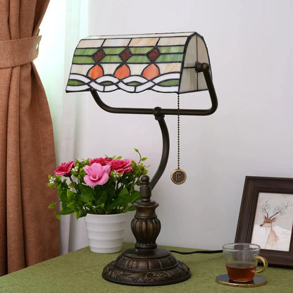 Tiffany Stained Glass Moire Red Dot Lampshade Vintage Bankers Desk Lamp - CTL