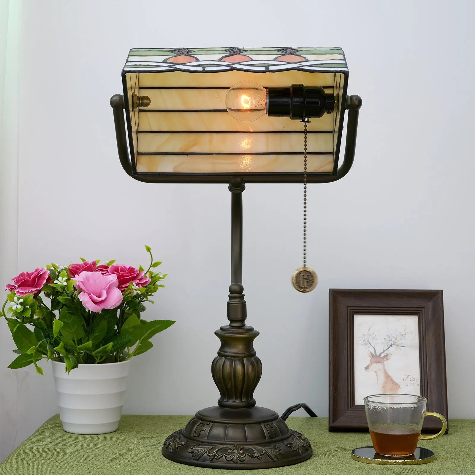 Tiffany Stained Glass Moire Red Dot Lampshade Vintage Bankers Desk Lamp - CTL