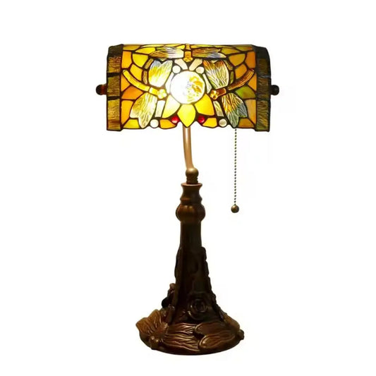 Tiffany Stained Glass Rose Dragonfly Lampshade Vintage Bankers Lamp with Pull Chain - CTL