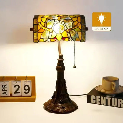Tiffany Stained Glass Rose Dragonfly Lampshade Vintage Bankers Lamp with Pull Chain - CTL