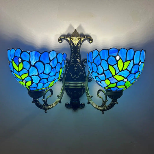 Tiffany Wisteria Stained Glass Lamp Floral Lampshade Double Head Wall Sconce - CTL