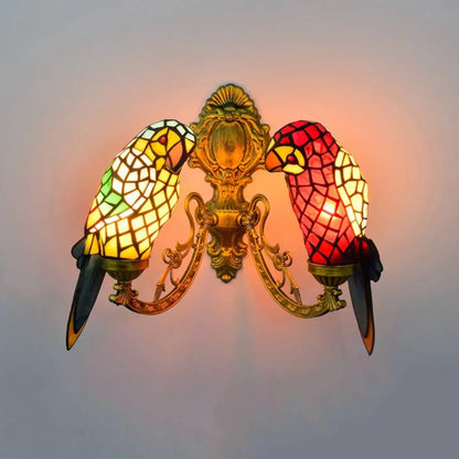 Double Light Wall Sconce Vintage Animal Parrot Stained Glass Tiffany Lamp - CTL