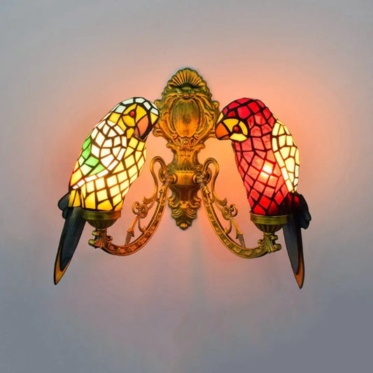 Double Light Wall Sconce Vintage Animal Parrot Stained Glass Tiffany Lamp - CTL