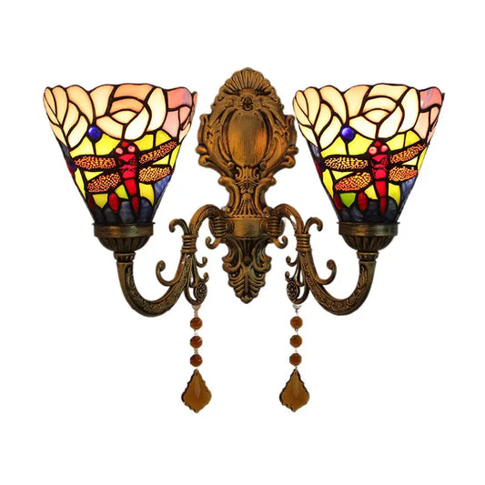 Vintage Double Head Stained Glass Dragonfly Floral Tiffany Wall Lamp Sconce - CTL