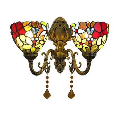Vintage Double Head Stained Glass Grapes Floral Lampshade Tiffany Style Wall Lights - CTL