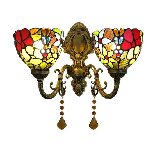 Vintage Double Head Stained Glass Grapes Floral Lampshade Tiffany Style Wall Lights - CTL