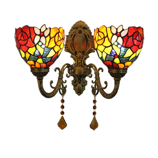 Vintage Double Head Stained Glass Two-color Rose Floral Lampshade Tiffany Wall Lamp - CTL