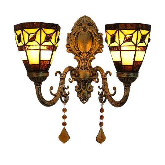 Vintage Double Head Tiffany Stained Glass Simple Floral Lampshade Tiffany Style Wall Sconce - CTL