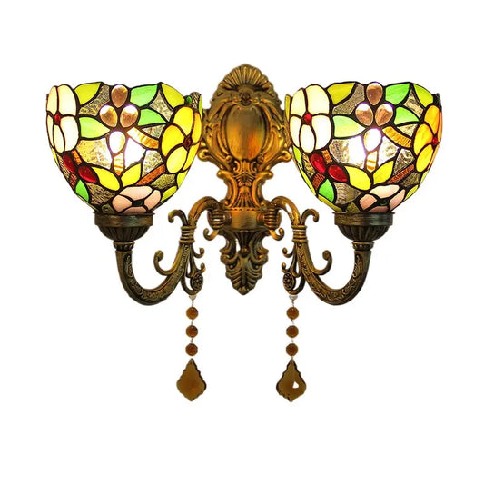 Vintage Double Head Tiffany Wall Lamp Stained Glass Grape Floral Lampshade Wall Sconce - CTL