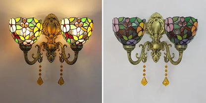 Vintage Double Head Tiffany Wall Lamp Stained Glass Grape Floral Lampshade Wall Sconce - CTL