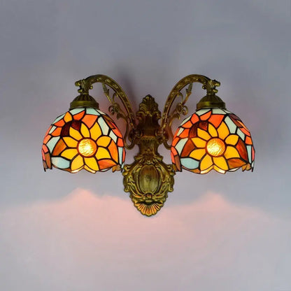 Outdoor Sconces Tiffany Sunflower Stained Glass Double Head Wall Light - CTL