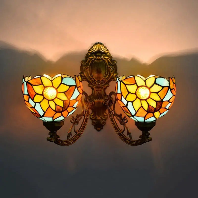 Outdoor Sconces Tiffany Sunflower Stained Glass Double Head Wall Light - CTL