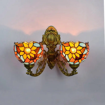 Outdoor Sconces Tiffany Sunflower Stained Glass Double Head Wall Light - CTL