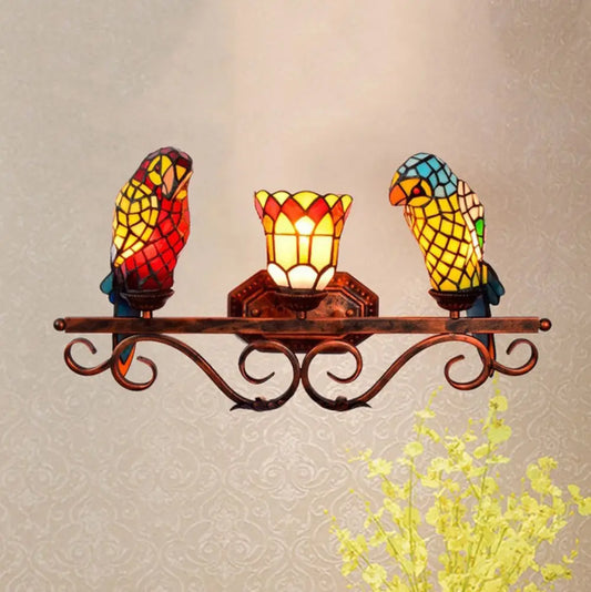 Stained Glass Parrot Lamp Vintage Tiffany Three Head Wall Sconce - CTL