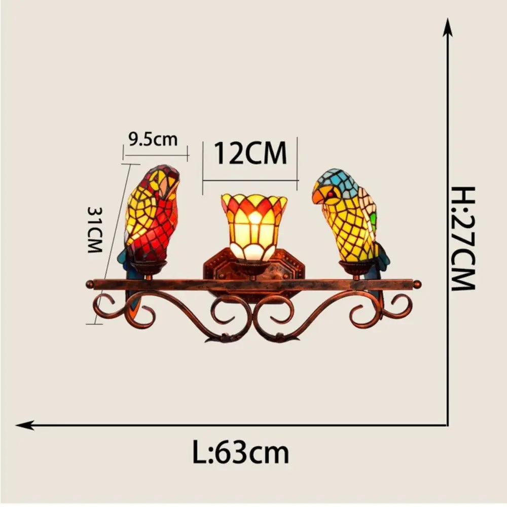 Stained Glass Parrot Lamp Vintage Tiffany Three Head Wall Sconce - CTL