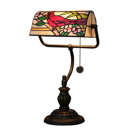 Vintage Stained Glass Cardinal Bird Lampshade Tiffany Bankers Desk Lamp Bedside Light - CTL