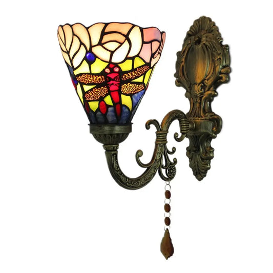 Vintage Stained Glass Dragonfly Flower Lampshade Tiffany Wall Sconces Lighting - CTL