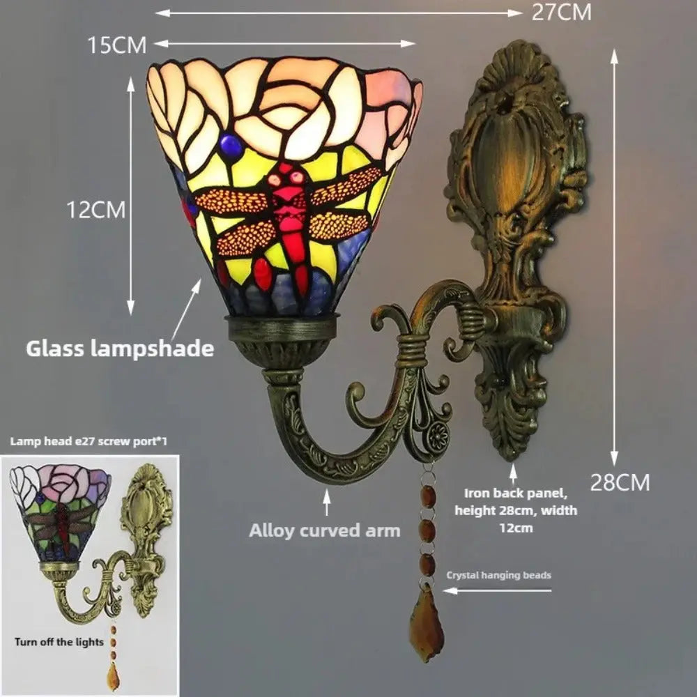 Vintage Stained Glass Dragonfly Flower Lampshade Tiffany Wall Sconces Lighting - CTL