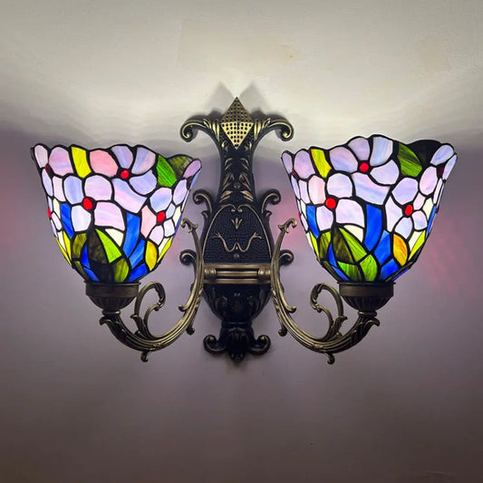 Vintage Stained Glass Flower Lampshade Purple Tiffany Lamp Double Head Wall Sconce - CTL