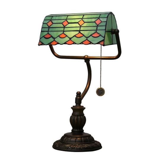 Vintage Stained Glass Green Leaf Red Dot Lampshade Tiffany Bedside Bankers Light - CTL