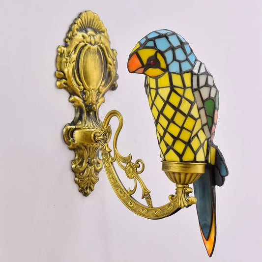 Vintage Stained Glass Yellow Parrot Lampshade Tiffany Style Wall Sconce - CTL