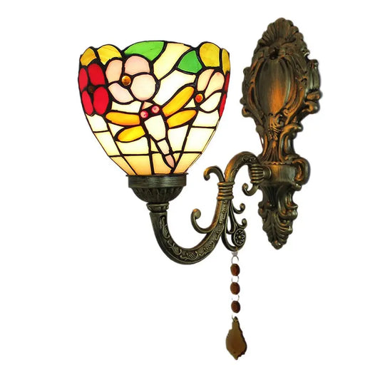 Vintage Stained Glass Pastoral Dragonfly Floral Lampshade Tiffany Wall Sconces Lighting - CTL