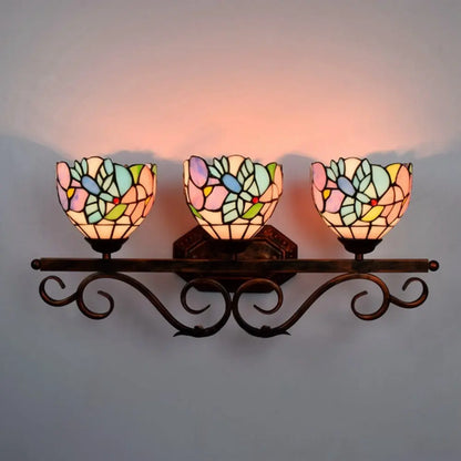 Vintage Stained Glass Flower Lampshade Tiffany Triple Arm Sconce - CTL