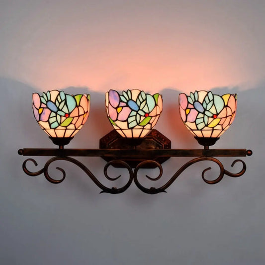 Vintage Stained Glass Flower Lampshade Tiffany Triple Arm Sconce - CTL