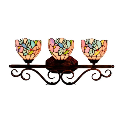 Vintage Stained Glass Flower Lampshade Tiffany Triple Arm Sconce - CTL