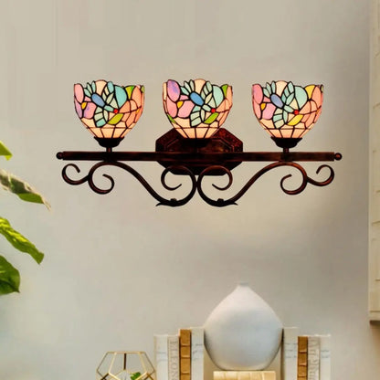 Vintage Stained Glass Flower Lampshade Tiffany Triple Arm Sconce - CTL
