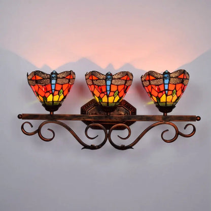 Triple Arm Sconce Vintage Stained Glass Red Dragonfly Tiffany Wall Light - CTL