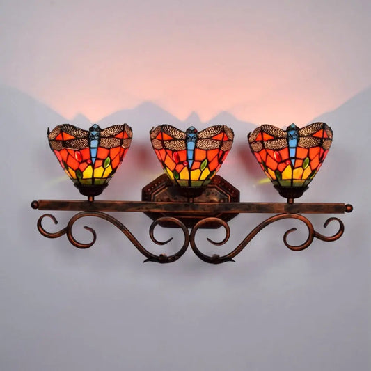 Triple Arm Sconce Vintage Stained Glass Red Dragonfly Tiffany Wall Light - CTL