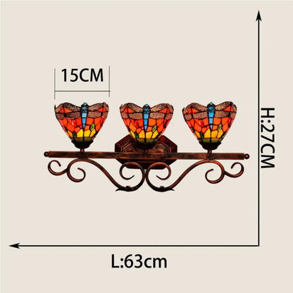 Triple Arm Sconce Vintage Stained Glass Red Dragonfly Tiffany Wall Light - CTL