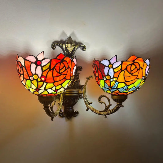 2 Light Sconce Vintage Stained Glass Rose Flower Lampshade Tiffany Wall Lamps - CTL