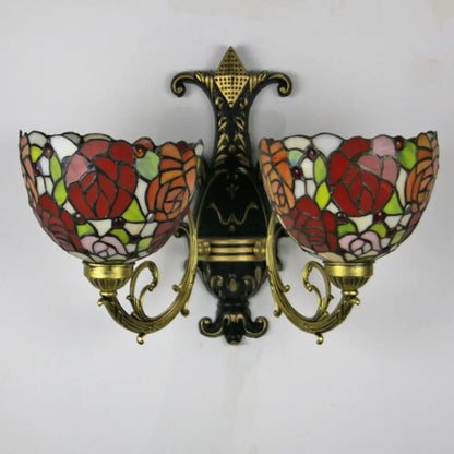 2 Light Sconce Vintage Stained Glass Rose Flower Lampshade Tiffany Wall Lamps - CTL