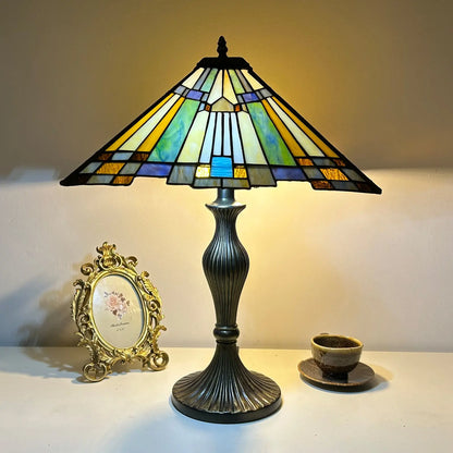 Vintage Stained Glass Square Floral Lamphade Antique Tiffany Table Lamp