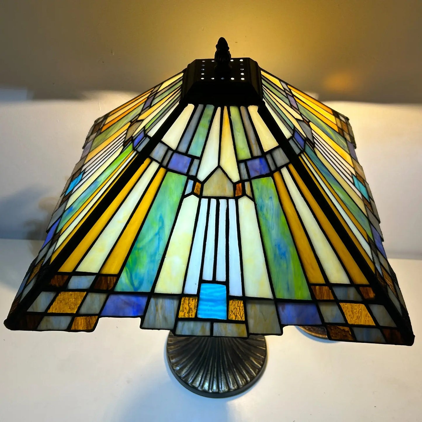 Vintage Stained Glass Square Floral Lamphade Antique Tiffany Table Lamp