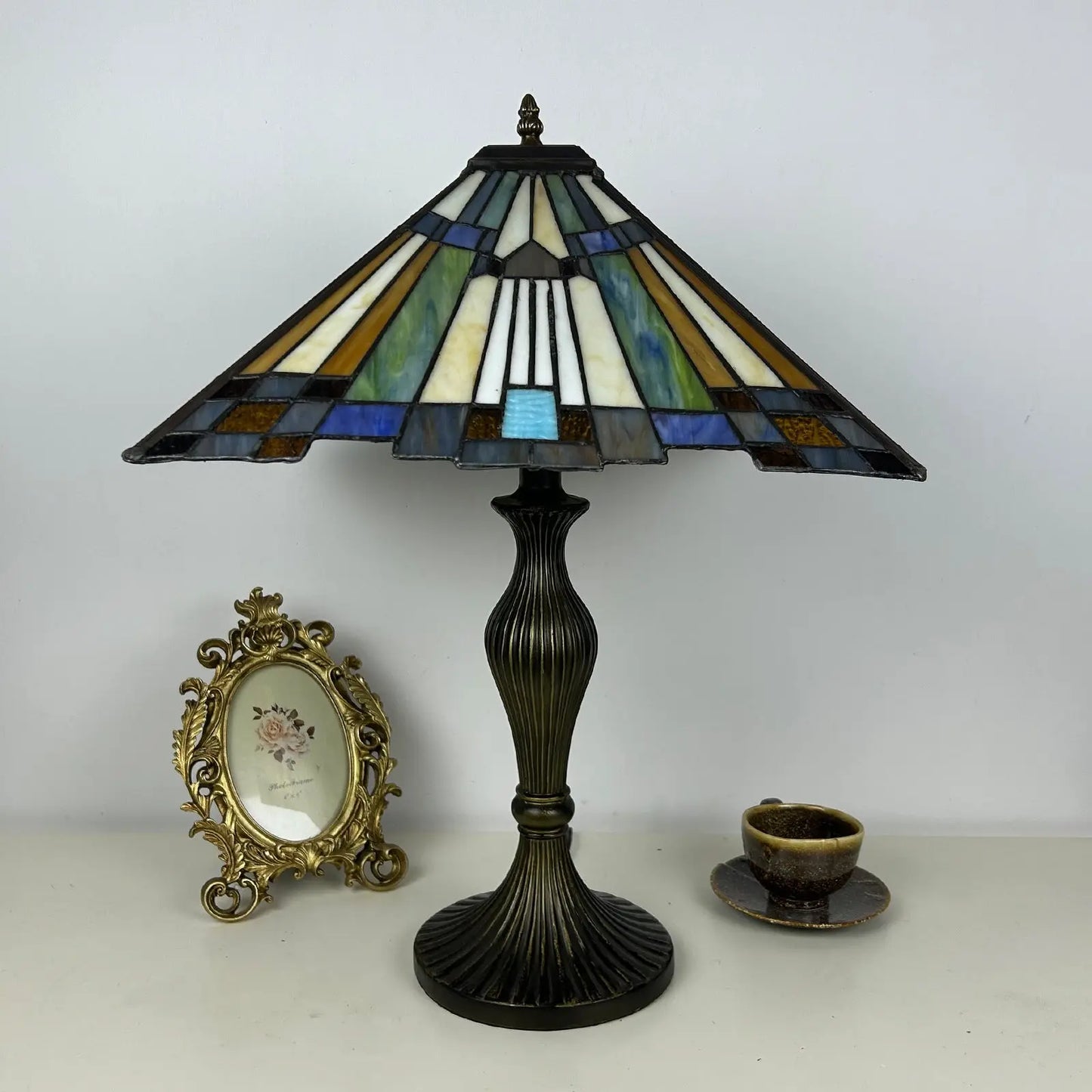 Vintage Stained Glass Square Floral Lamphade Antique Tiffany Table Lamp